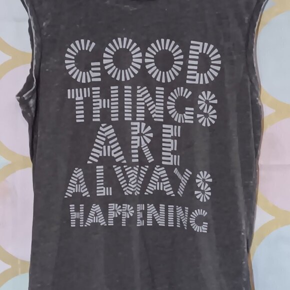 Spenglish Ladies Muscle Tee GOOD THINGS ARE ALWAYS HAPPENING Size Medium NWT - Picture 2 of 7